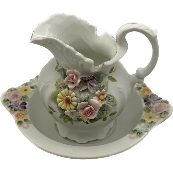 Vintage Lefton China 4.5" Handpainted Creamer/Basin & Decorative Pitcher KW3221 - Picture 1 of 10